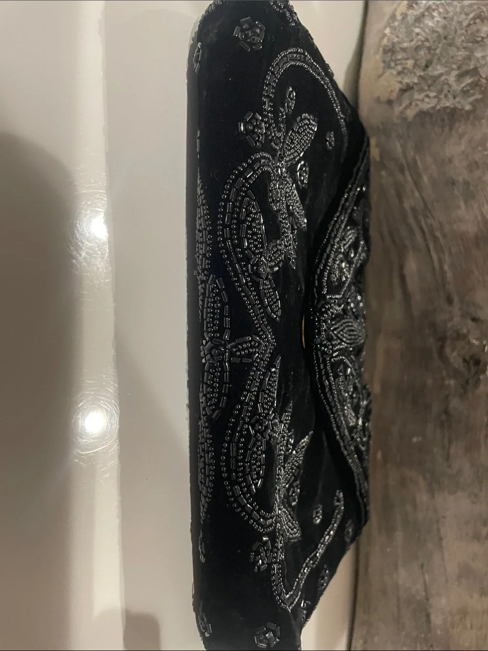 VINTAGE Black Velvet Hand-Beaded Envelope Evening Clutch Bag ~ Made In France